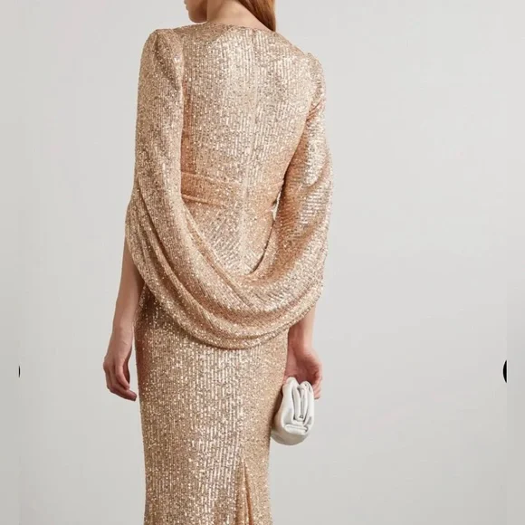 Talbot Runhof New Cape Effect Draped Sequin Knee Length Gown In Gold Size  12/42 - www.thefunkyskunk.ie